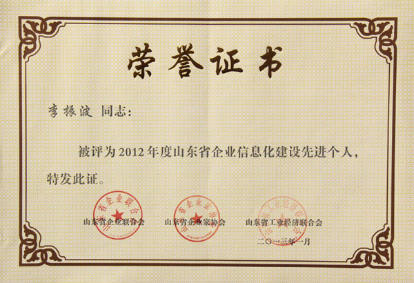 /山东中煤集团董事长渠青荣获2012年山东省企业信息化建设先进个人/