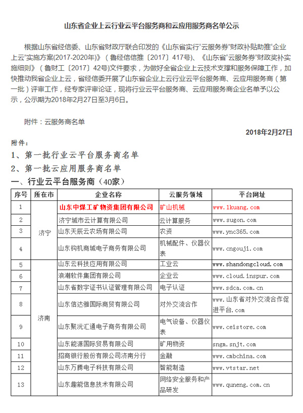 热烈祝贺中煤集团被山东省经信委评为第一批行业云平台服务商